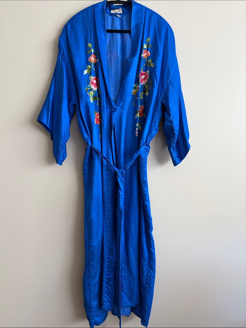 Vintage Golden Bee 100% Silk Embroidered Kimono Robe L Royal Blue Peony